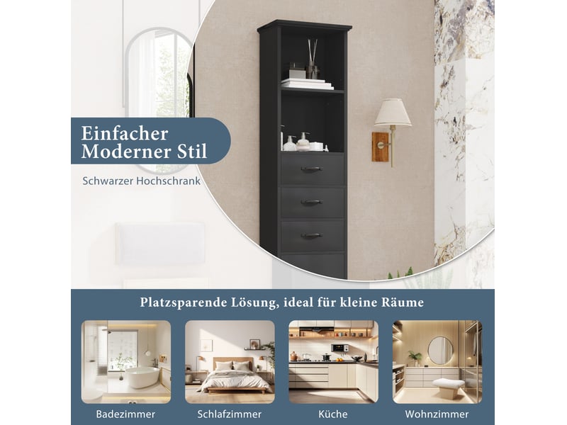 Meuble de salle de bain 38x26x172,5 cm avec ses 3 tiroirs, rangement ajustable, armoire de rangement, en mdf noir - Conforama D
