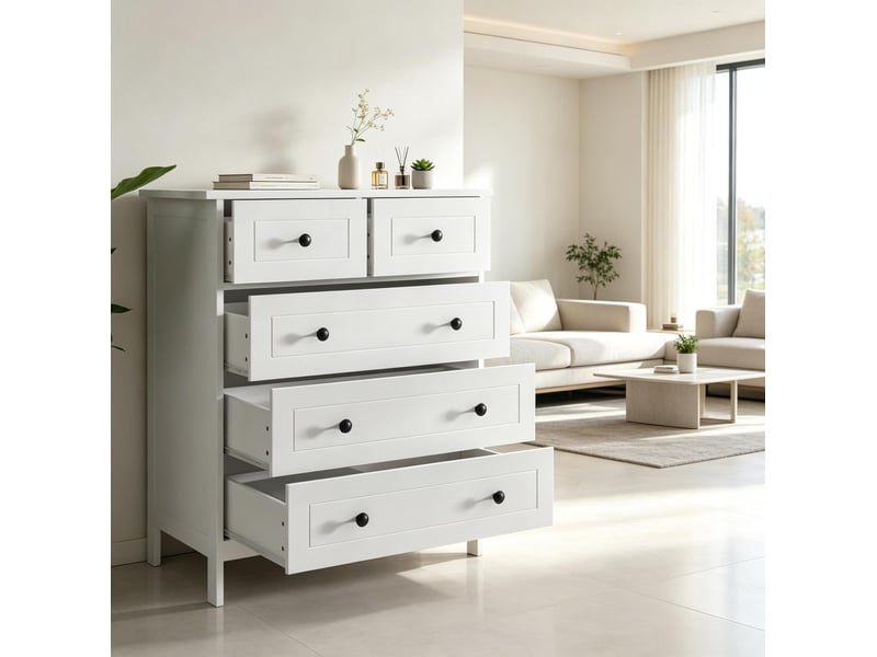 Commode 74x40x91 cm, 5 tiroirs, en mdf, blanc, poignées rondes noires, pieds de 10 cm  - Conforama D