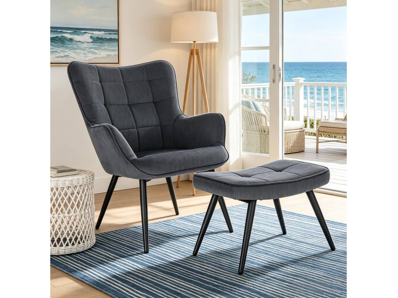  Fauteuil avec repose-pieds en velours côtelé gris foncé  - Conforama C