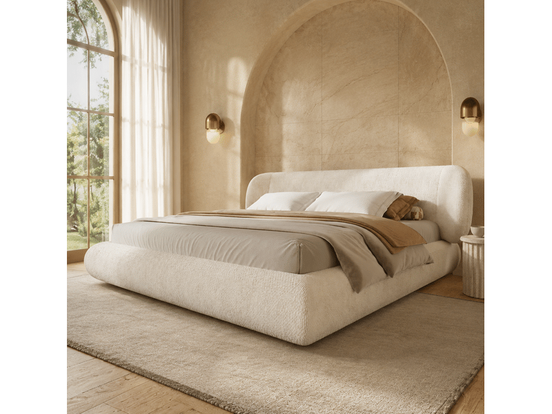  Lit double 140x190 cm en chenille beige avec sommier à lattes et tête de lit  - Conforama D