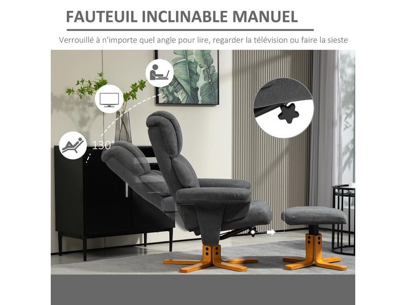  Fauteuil relax avec repose-pieds inclinable tissu velours gris foncé 79x80x104 cm  - Conforama D