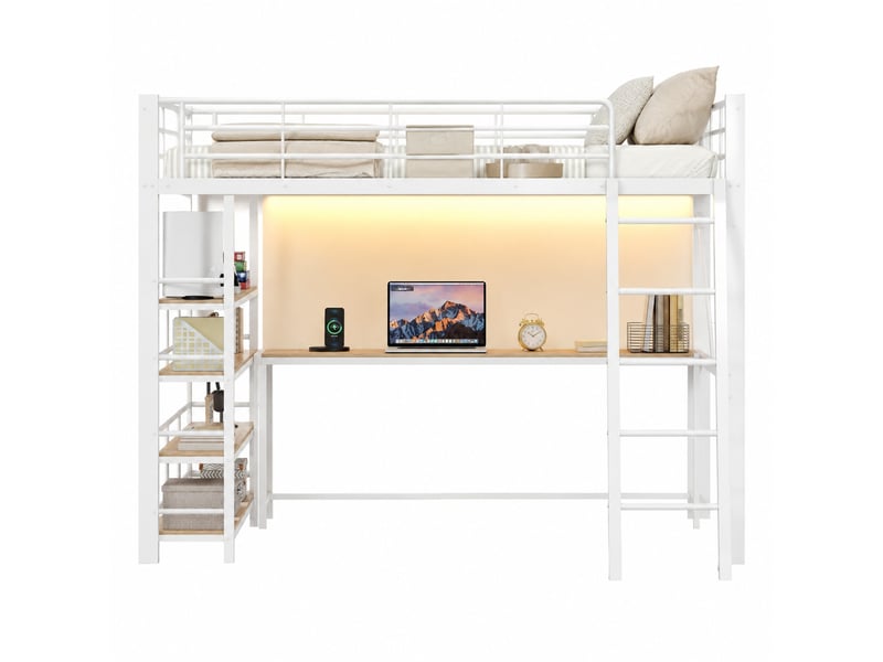  Lit mezzanine double 140×200 cm avec bureau, étagères, led et usb - okmyhome- blanc, sans matelas, métal et mdf  - Conforama A