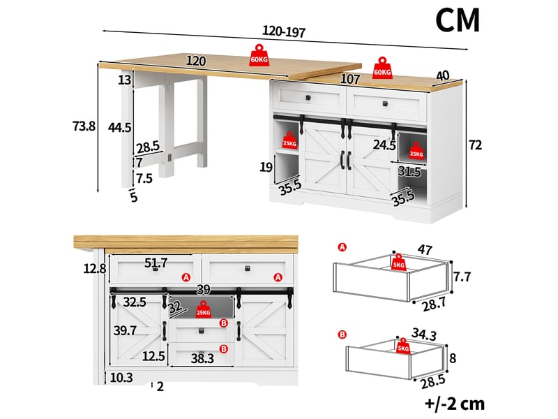 Îlot de cuisine 2-en-1 avec table à manger modenvie extensible de 120 à 197 cm en mdf blanc et effet chêne avec rangement - Conforama C
