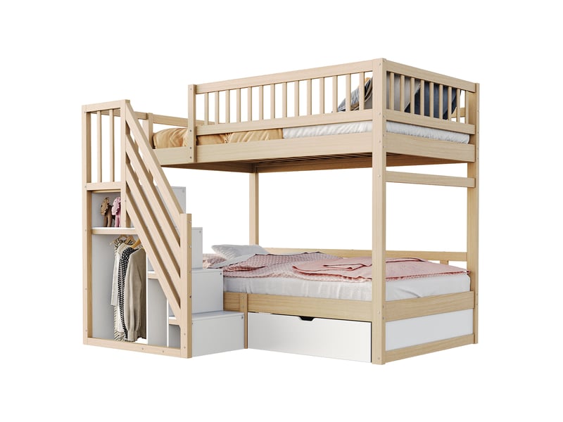 Lit superposé tcqpz 90 x 200 cm avec sommier, échelle de sécurité avec rangements, tiroirs, bois naturel  - Conforama A