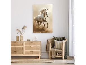 Tableaux, un cheval blanc au galop dans une composition picturale 20x30