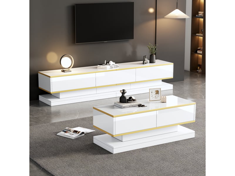  Ensemble salon blanc brillant: meuble tv, console 3 tiroirs et table basse 2 tiroirs, finitions dorées  - Conforama E