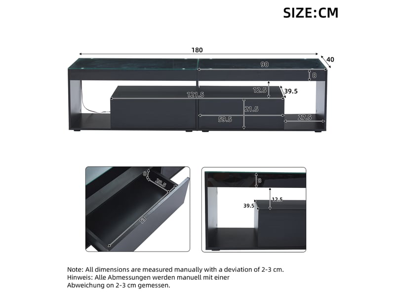  Meuble tv noir brillant led tv jusqu’à 70 2 tiroirs intégrés moderne  - Conforama C