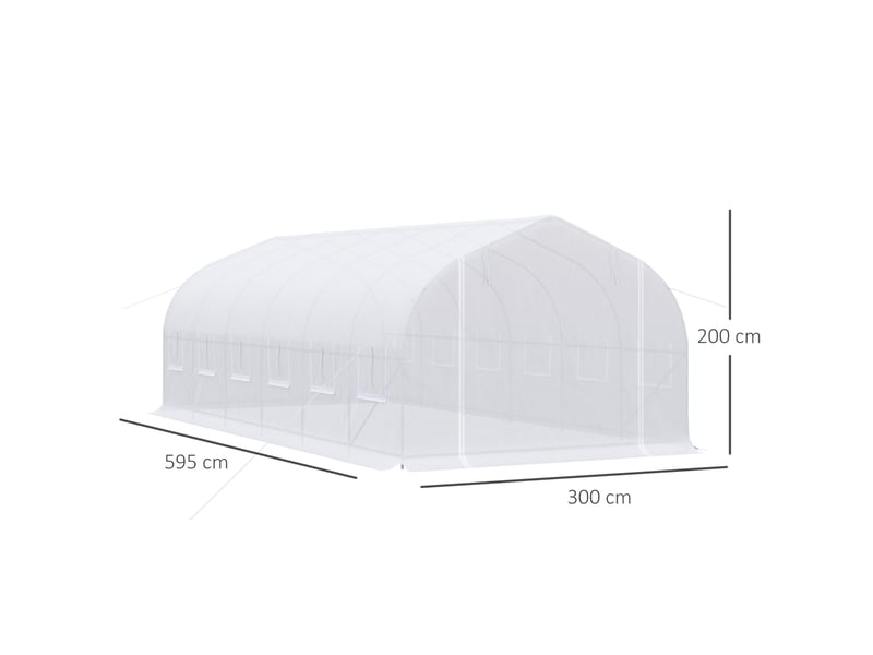  Serre tunnel extérieur 6x3x2 m, 12 fenêtres, porte enroulable zip métallique, plantes, blanche.  - Conforama D