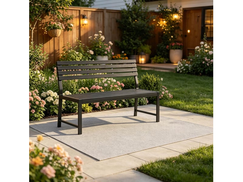  Banc de jardin 115x55x85 cm avec dossier, structure stable pour extérieur, métal et lames ps noires  - Conforama B