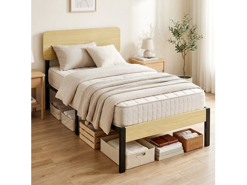  Lit cadre 90x200 cm avec tête de lit, sommier à lattes, espace sous lit de 31,5 cm, métal et bois naturel, sans matelas  - Conforama B