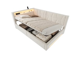 Lit coffre 140 × 200 cm 2 places avec led, usb et type-c, rangement hydraulique, sans matelas, velours beige