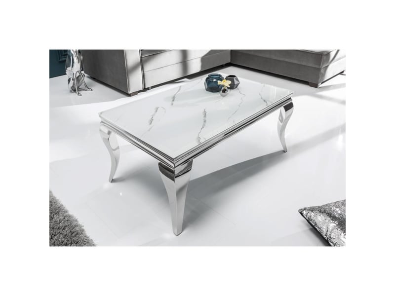  Table basse velena 100 cm effet marbre blanc avec verre trempé – pieds galbés argentés  - Conforama B