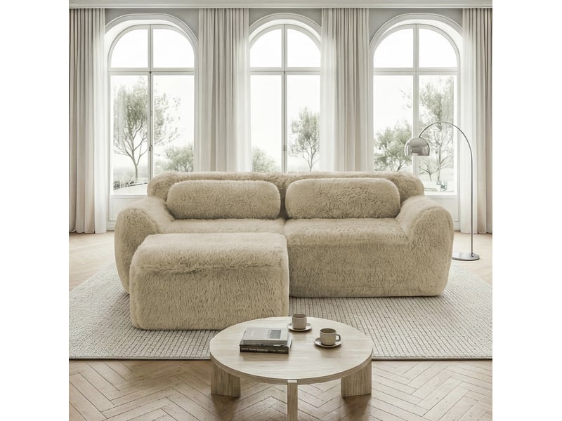  Canapé d'angle modulable 2 places en peluche kaki clair avec pouf  - Conforama C