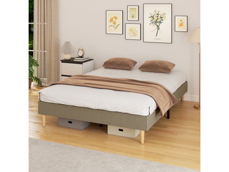  Cadre de lit 140 x 190 cm avec sommier à lattes en bois, lit double rembourré en velours côtelé, gris  - Conforama D