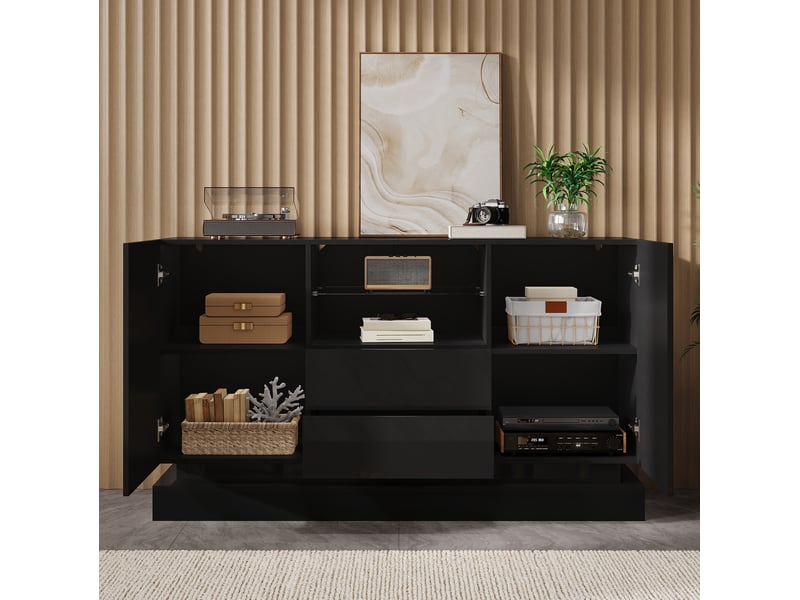  Buffet bas 140x40x84 cm, 2 portes, 2 tiroirs, éclairage led contrôlable par application, panneau de particules, noir  - Conforama D