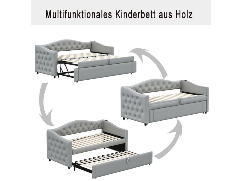  Lit enfant 90x200 cm avec lit gigogne 90x190 cm, prise usb et sommier à lattes, sans matelas, tissu en lin, gris  - Conforama D