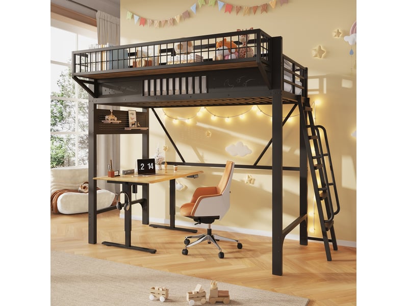  Lit mezzanine 90x200 cm en métal avec rangements noir  - Conforama B