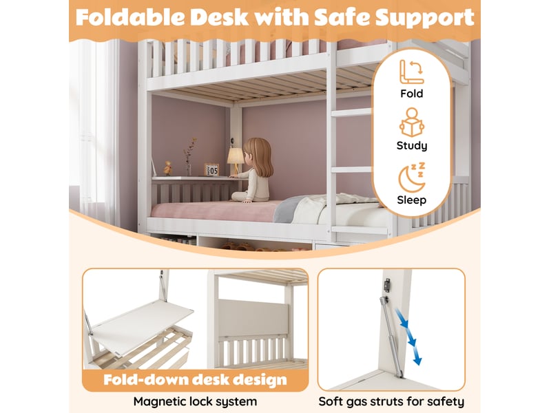  Lit superposé enfant 90x200 cm, lit 2 places, table rabattable, placards, range-chaussures, bois blanc, sans matelas  - Conforama D