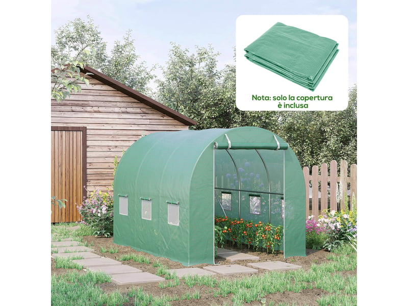  Bâche de serre en polyéthylène avec 6 fenêtres, porte enroulable et bords enterrés, 3 x 2 x 2 m, verte  - Conforama C