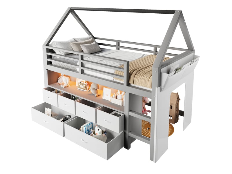 Lit mezzanine enfant 90x200 cm gris mdf et pin, 6 tiroirs tissu avec guirlande led et rideau latéral - Conforama A