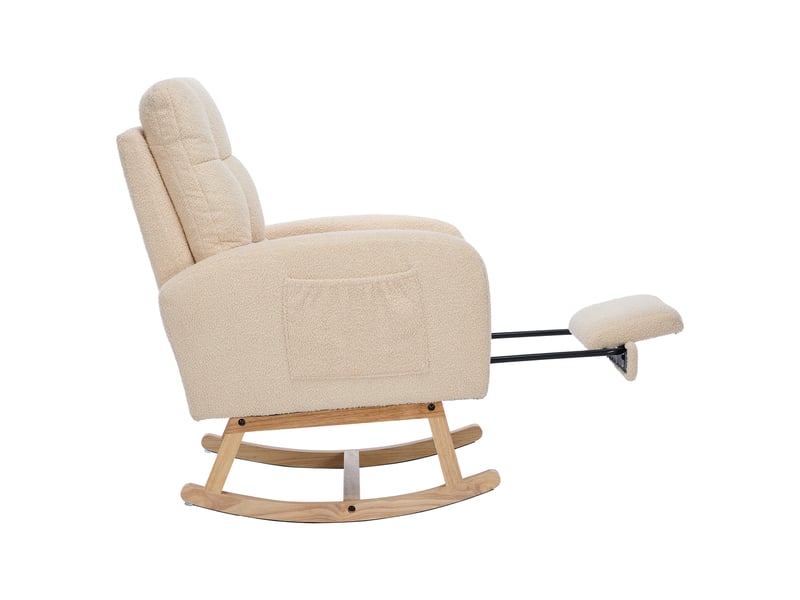  Fauteuil à bascule 132 × 50 × 99 cm avec repose-jambes, poche latérale et dossier haut, bois massif et tissu bouclé - beige  - Conforama D