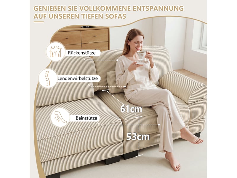  Canapé modulable 4 places 336x88,5x94 cm, grand format, coussins lombaires, connecteurs velours côtelé beige  - Conforama D