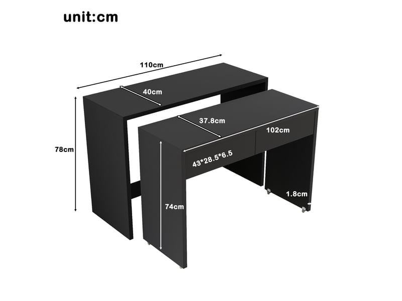  Bureau 2 en 1 avec tiroirs, bureau extensible noir sur roulettes pour petit espace, table de travail modulable 110x40x78 cm  - Conforama C