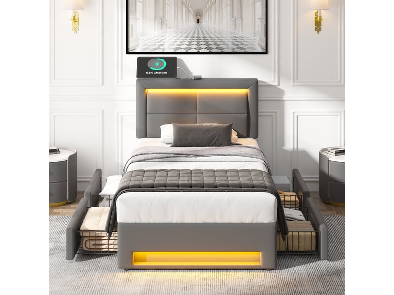  Lit capitonné 90x190 cm gris avec port usb, led et quatre tiroirs de rangement  - Conforama W