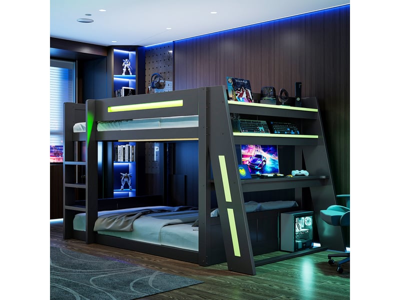  Lit superposé enfant gaming en bois 140x200 cm avec éclairage led, port usb et deux compartiments de rangement noir et vert OPULERANE TRADING LTD - Conforama B