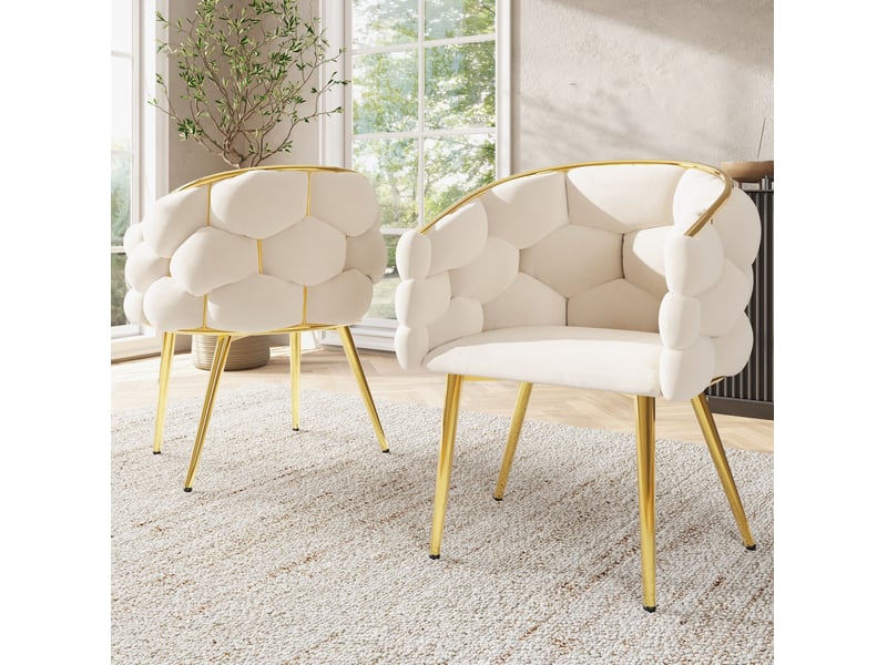  Lot de 2 chaises de salle à manger 44x41x74 cm, velours beige, pieds en fer doré, dossier ergonomique, style moderne  - Conforama B