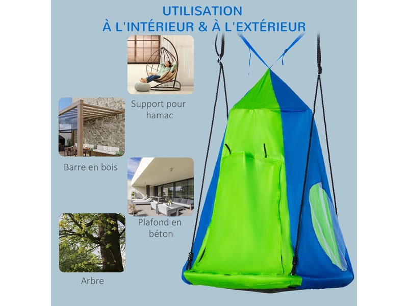  Balançoire nid d'oiseau ronde avec tente amovible ø 100 cm 4 anneaux inclus métal époxy oxford haute densité - vert et bleu  - Conforama E