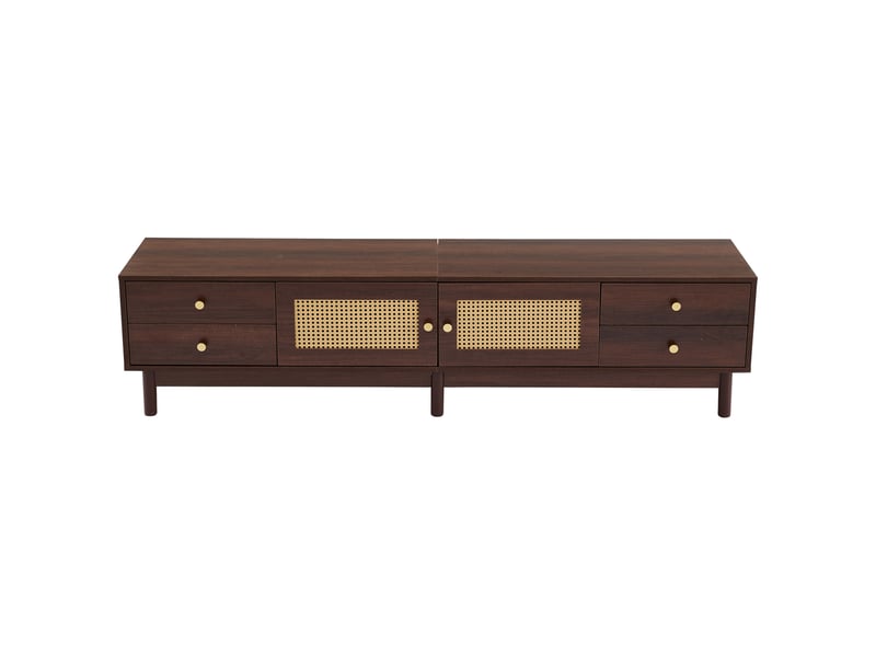  Meuble tv 180 cm bois foncé portes en rotin 4 tiroirs pour écran jusqu'à 80 pouces  - Conforama A