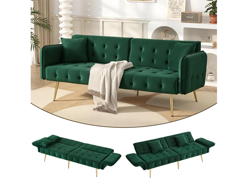 Canapé droit convertible 2 places en velours vert, dossier et accoudoirs réglables, couchage d'appoint moderne - Conforama B