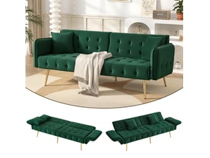 Canapé droit convertible 2 places en velours vert, dossier et accoudoirs réglables, couchage d'appoint moderne