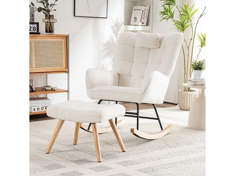  Fauteuil à bascule ergonomique blanc - coussin, repose-pieds, dossier 92 cm, assise 65 cm, base stable, 113 kg  - Conforama B