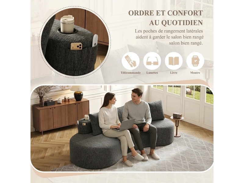  Canapé 3 places en lin gris foncé avec 4 coussins 240 cm porte-gobelet et poches latérales  - Conforama R