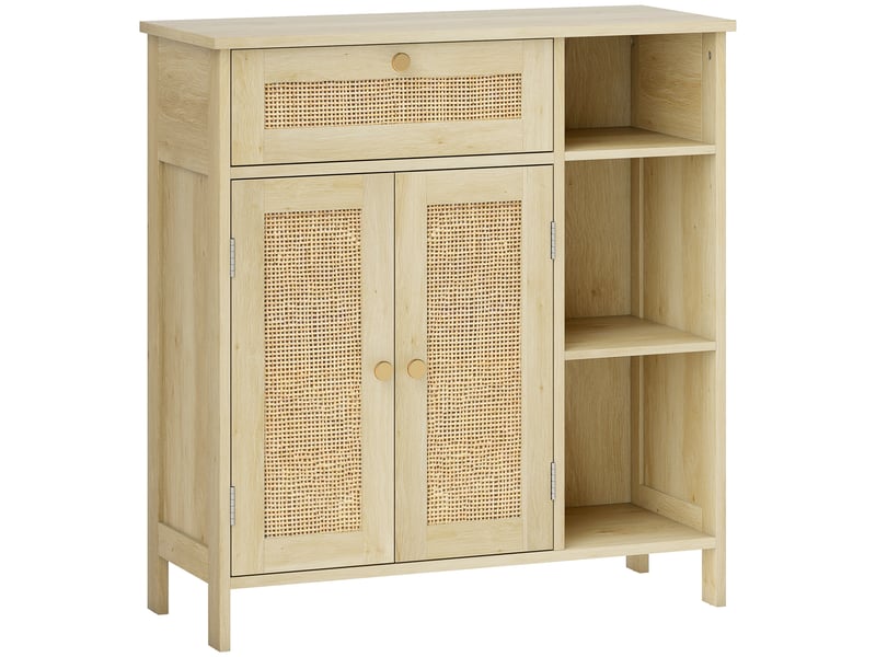  Buffet, meuble de rangement, 2 portes en rotin, tiroir, niches ouvertes, 75x30x79,5cm, étagères réglables, bois naturel  - Conforama B