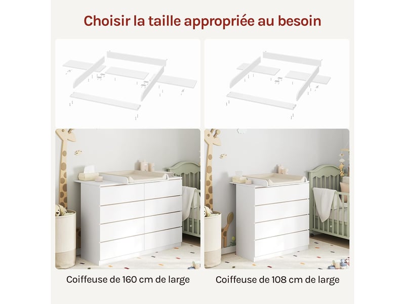 Plan à langer pour commode, table à langer,coins arrondis, amovible, 160 x 80 x 10 cm, blanc - Conforama D