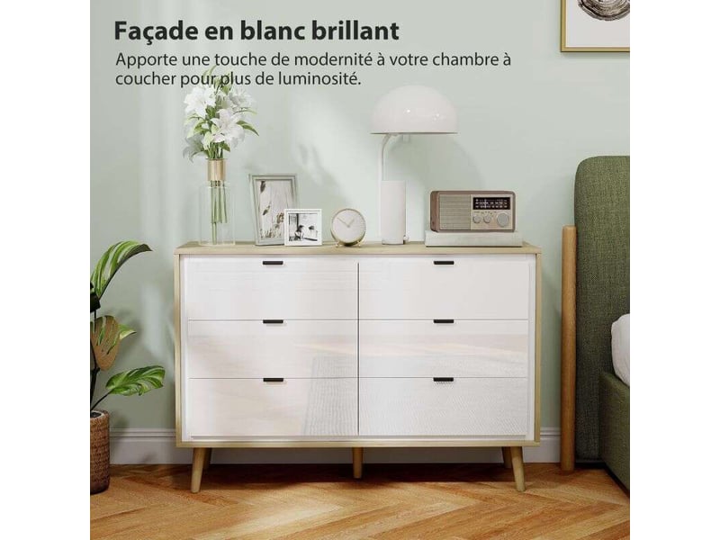  Commode 6 tiroirs, meuble de rangement à haute brillance, 5 pieds en bois, 110 x 40 x 75 cm, blanc et chêne  - Conforama E