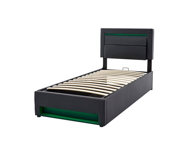  Lit simple 90 × 190 cm avec usb, recharge sans fil, led réglable et rangement, sans matelas, en pu noir  - Conforama E