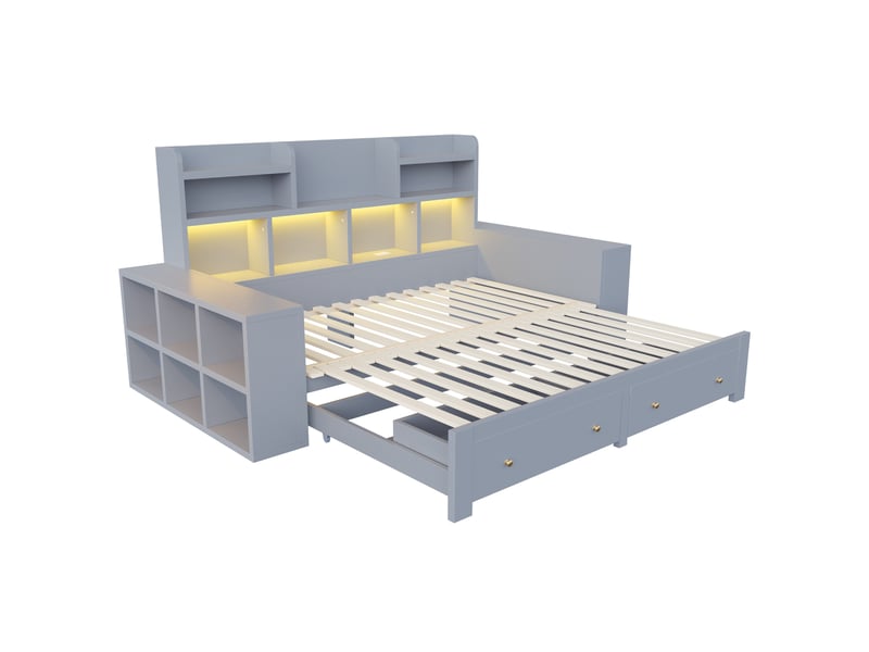 Lit extensible 90 x 200 cm gris en mdf, rangements, tiroirs, prise et éclairage led pour chambre - Conforama D