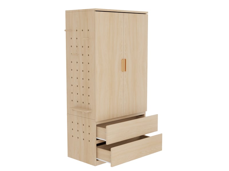 Armoire 70x50x170 cm avec 2 portes, 2 tiroirs et panneau perforé coloris blanc et bois  - Conforama A