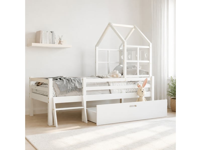  Lit mezzanine enfant 200×90 cm avec tiroir, échelle et barrières, sommier inclus, sans matelas, blanc  - Conforama B