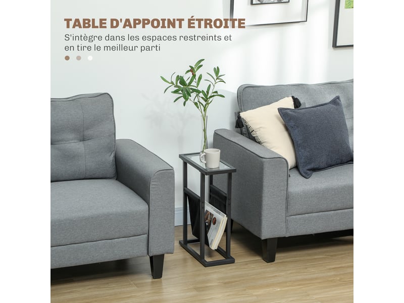  Table d'appoint étroite, bout de canapé en métal avec porte-revues et plateau en verre trempé, 40 x 18 x 55,5 cm, noir  - Conforama D