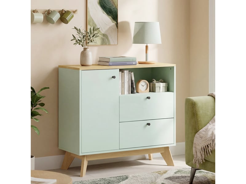  Buffet de salon, meuble de rangement avec porte, 2 tiroirs, compartiment ouvert et étagère réglable, vert clair et chêne  - Conforama C