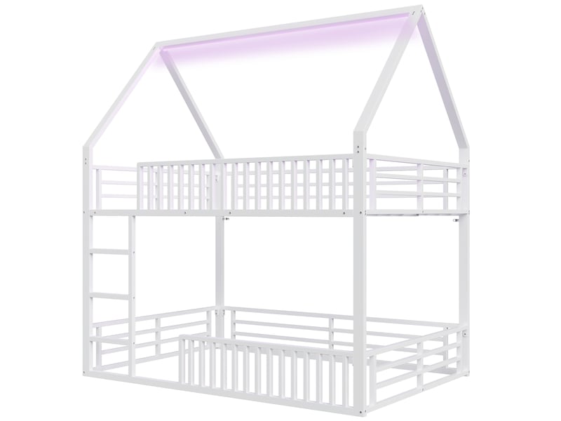  Lit superposé maison 140x200 cm blanc, avec garde-corps, led 7 couleurs, structure métal, sommier inclus, sans matelas  - Conforama E