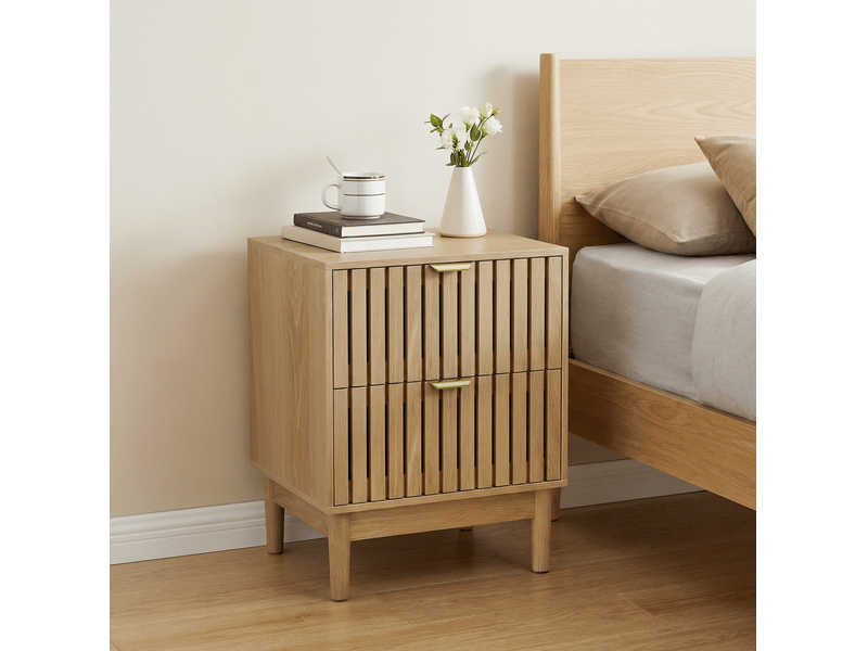  Table de chevet 45x39x56,5 cm, 2 tiroirs, rangement, pieds en bois, poignées métal doré, mdf, chêne clair  - Conforama B