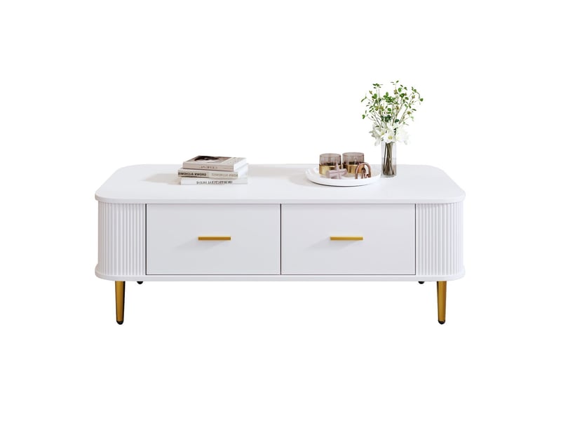  Table basse salon, plateau blanc doré, rangement intégré, design arrondi sécuritaire, structure métal or  - Conforama E