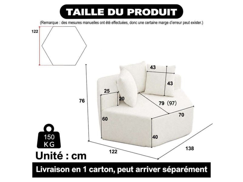  Fauteuil individuel hexagonal style moderne en tissu chenille bouclé – chauffeuse modulaire et combinable avec 3 coussins inclus pour salon et chambre – beige  - Conforama B