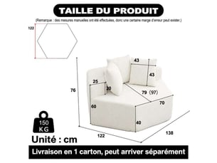 Fauteuil individuel hexagonal style moderne en tissu chenille bouclé – chauffeuse modulaire et combinable avec 3 coussins inclus pour salon et chambre – beige